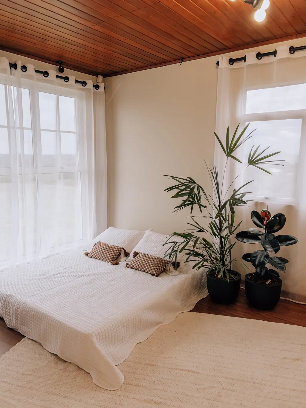 Cama de casal com almofadas estampadas junto à janela e plantas no Macchiato